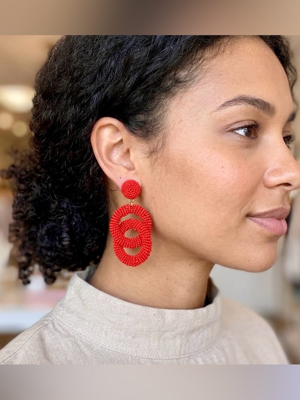 Gorgeous beaded drop earrings in bright poppy red.